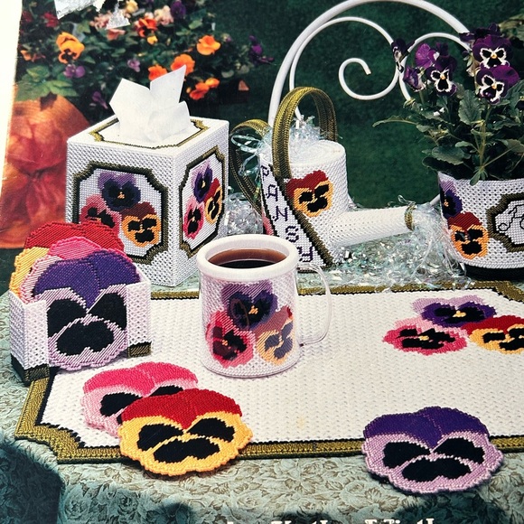 Other - 4/$50 American needlework Floral Crochet Table Set with Coasters 3152 pansies